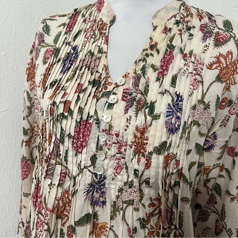 Passementrie Ofelia Blouse Cream And Red Pleated Tunic Mandarin Collar Large — image 3 of 8